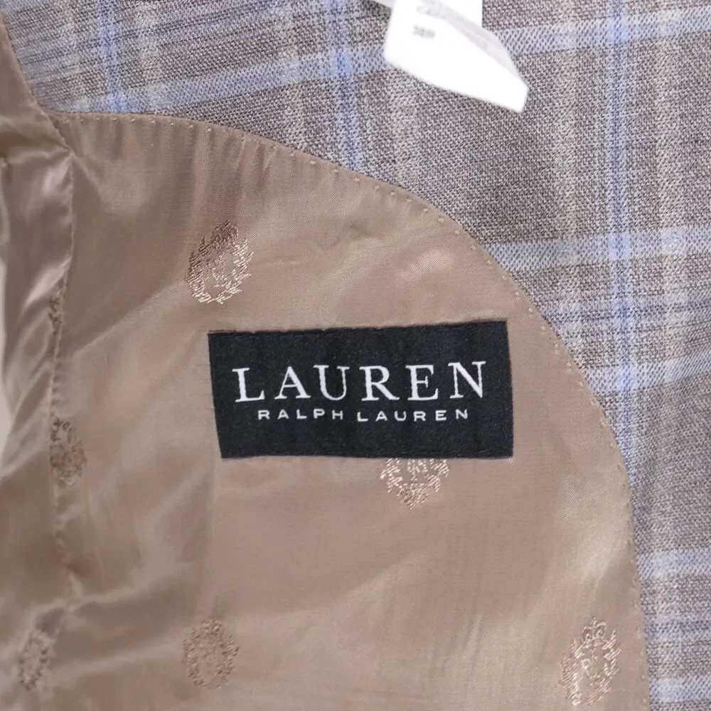 Lauren Ralph Lauren Sport Coat Blazer Mens 38R Beige Blue Plaid Two Button